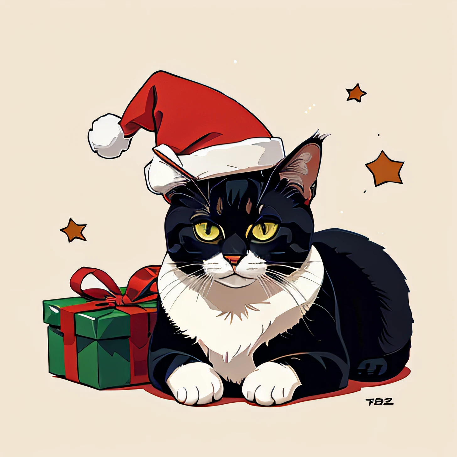 gato con gorro de navidad, flat color illustration, 2 d illustration