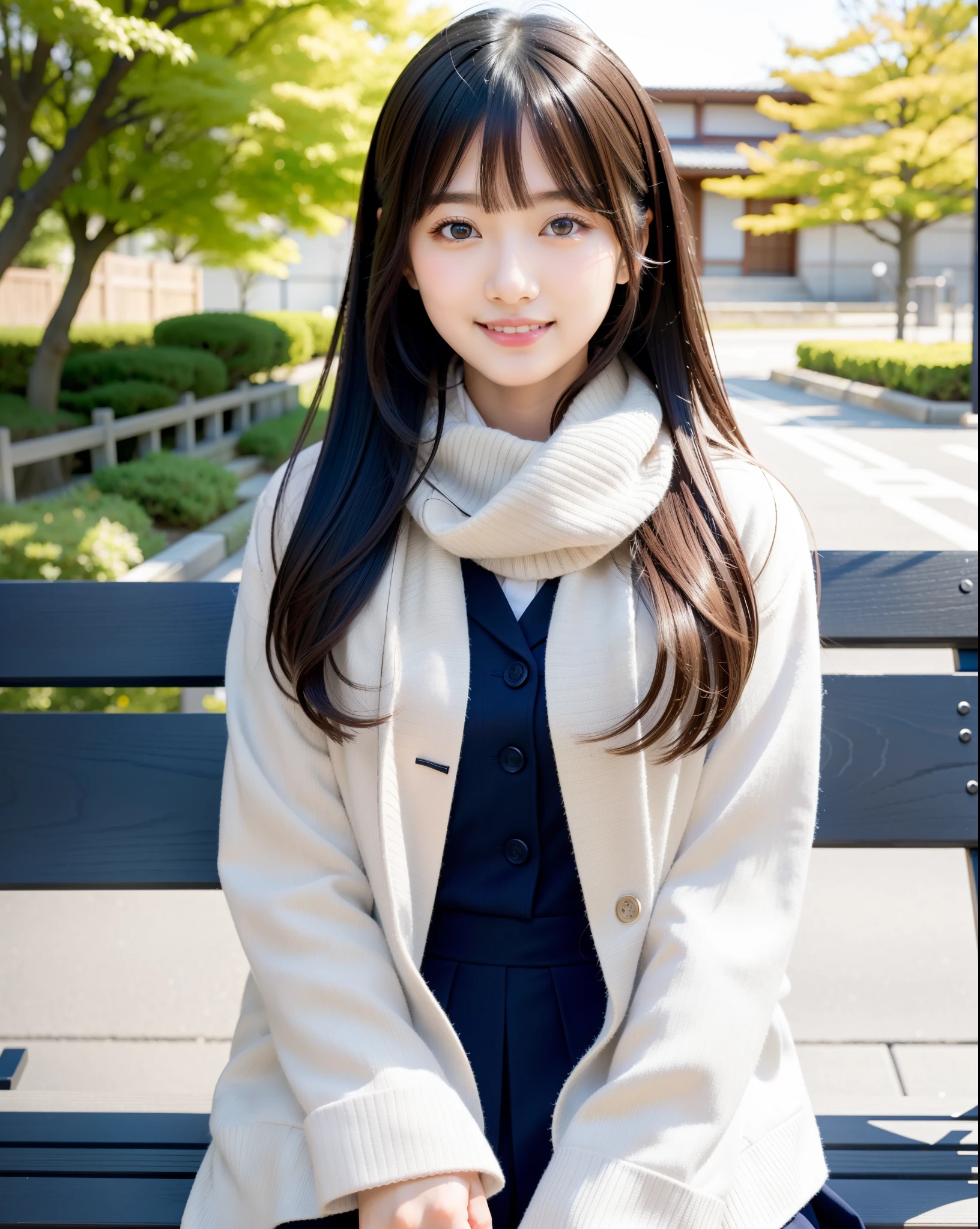 tre anatomically correct,Masterpiece of,High image quality,((Japan hair)),((Natural smile)),The ultra-detailliert、High quality textures、intricate detailes、detaileds、Very detailed CG、High quality shadows、Detail Beautiful delicate face、Detail Beautiful delicate eyes、depth of fields、Ray traching,1girl in, japanaese girl, Cute, slender,An arafi woman wearing a scarf and sitting on a park bench, a japanese girl, Japan Women Fashion Models, Beautiful young Japan woman, Gorgeous young Japan woman, beautiful japanese female, Japan Girl, real life anime girl, Beautiful Japan Girl, Japanese Models, japanese girl school uniform, the face of a beautiful Japanese girl, Young Asian Girl