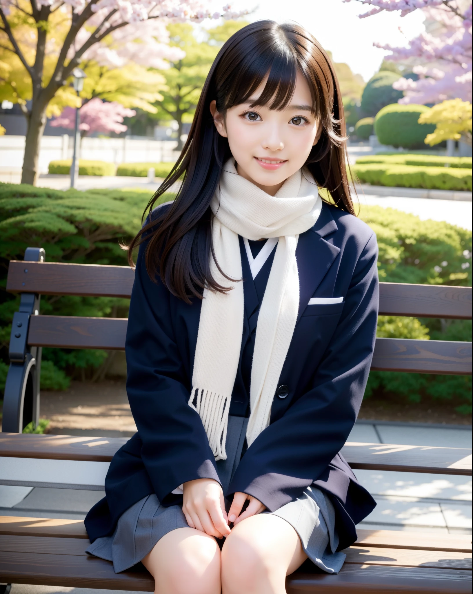 tre anatomically correct,Masterpiece of,High image quality,((Japan hair)),((Natural smile)),The ultra-detailliert、High quality textures、intricate detailes、detaileds、Very detailed CG、High quality shadows、Detail Beautiful delicate face、Detail Beautiful delicate eyes、depth of fields、Ray traching,1girl in, japanaese girl, Cute, slender,An arafi woman wearing a scarf and sitting on a park bench, a japanese girl, Japan Women Fashion Models, Beautiful young Japan woman,  Gorgeous young Japan woman, beautiful japanese female, Japan Girl, real life anime girl, Beautiful Japan Girl, Japanese Models, japanese girl school uniform, the face of a beautiful Japanese girl, Young Asian Girl