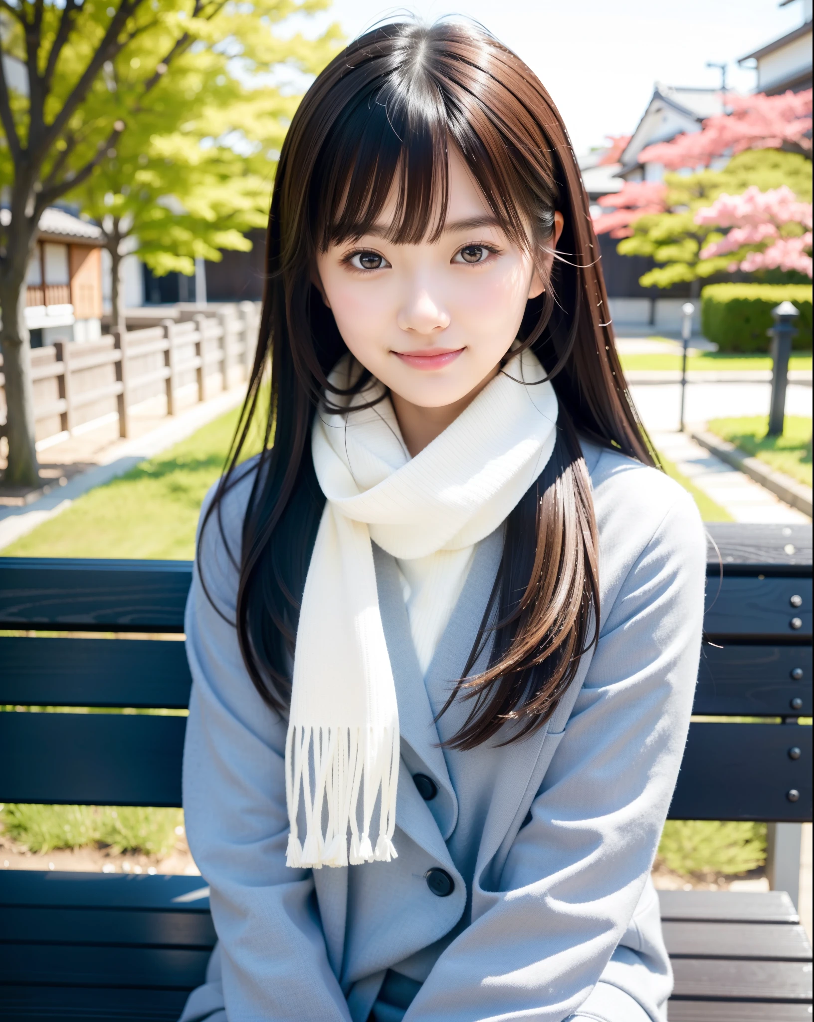 tre anatomically correct,Masterpiece of,High image quality,((Japan hair)),((Natural smile)),The ultra-detailliert、High quality textures、intricate detailes、detaileds、Very detailed CG、High quality shadows、Detail Beautiful delicate face、Detail Beautiful delicate eyes、depth of fields、Ray traching,1girl in, japanaese girl, Cute, slender,An arafi woman wearing a scarf and sitting on a park bench, a japanese girl, Japan Women Fashion Models, Beautiful young Japan woman,  Gorgeous young Japan woman, beautiful japanese female, Japan Girl, real life anime girl, Beautiful Japan Girl, Japanese Models, japanese girl school uniform, the face of a beautiful Japanese girl, Young Asian Girl