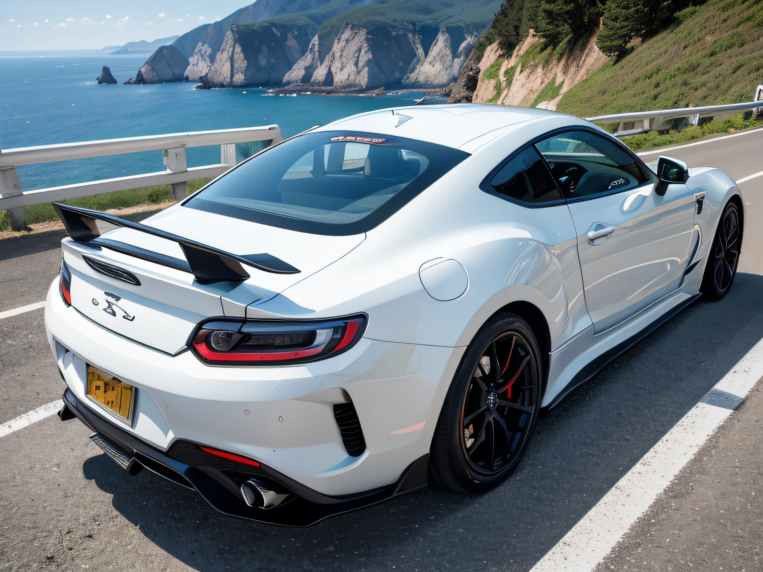 超A high resolution、An ultra-high picture quality、8K、Wonderful expression with attention to detail、early summer coastline、White sports car stopped on a mountain road ITSUBISHI Stallion 0GSR-X intercooler turbo sports coupe