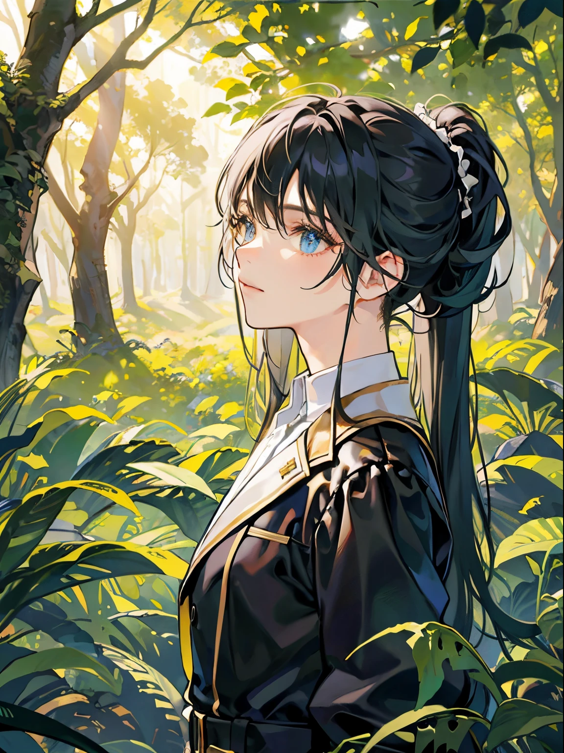 Garoto alto forte, com roupa
de lenhador, cabelos negros curtos, ambar eyes, forest park scenery