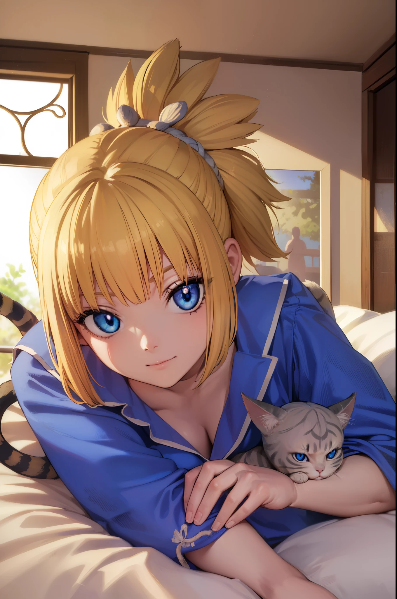 kohaku, kohaku, Blonde hair, Blue eyes, Hair Ornament, Ponytail, (1girll:1.3), (cat pajamas:1.3)
BREAK looking at viewer, Full body, (Cowboy Shot),
skyporn, background at room, lie down on the bed and rest, (masutepiece:1.2), Best Quality, High resolution, Unity 8k壁纸, (Illustration:0.8), (Beautiful detailed eyes:1.6), extra detailed face, Perfect Lighting, extremely details CG, (Perfect hands, Perfect Anatomy), Smile innocently