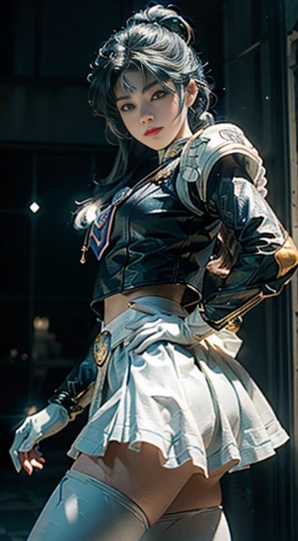 (CG Unity 8K wallpaper with extreme detail, masterpiece, highest quality), (exquisite lighting and shadow, highly dramatic picture, cinematic lens effect), (Sailor Moon: 1.1), double tail, blue eyes, white gloves, mini skirt, dynamic pose), (excellent detail, excellent lighting, wide angle), (excellent rendering and excellent rendering),