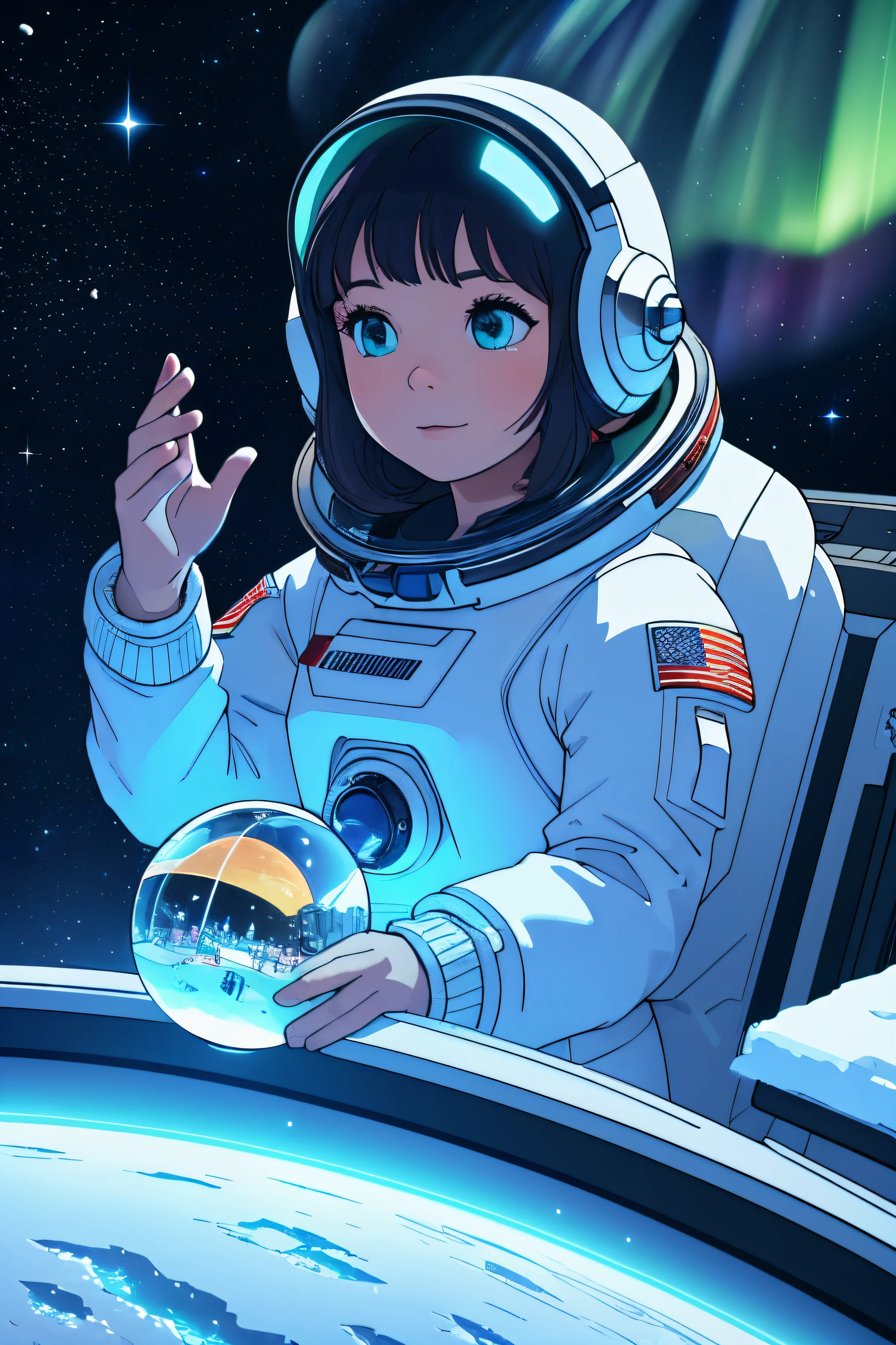 (best quality,4k,8k,highres,masterpiece:1.2),ultra-detailed,(realistic,photorealistic,photo-realistic:1.37),girl inside a space station,holding a snow globe,christmas tree inside,shining star,glittering snowflakes,reflection of lights,soft glow of the snow globe,holiday spirit,magic atmosphere,peaceful background,star-filled sky,weightlessness,Aurora Borealis,astronaut suit,astronaut helmet,cosmic view,zero gravity,futuristic technology,calm expression,eyes full of wonder,magical scene,sparkling stars,spacious interior,silent beauty,elegant decoration