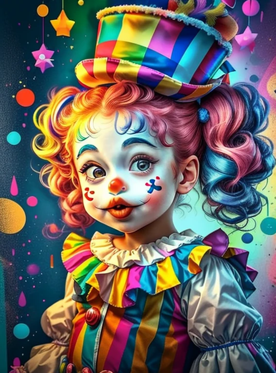 (cute baby girl with top hat and ponytails, with a clown red nose in a circus tent),(melhor pose),(best angle), (better expression), Eduardo Kobra acolchoamento ,multidimensional geometric wall PORTRAIT, arte, Chibi,
Yang08k, lindo, Colouring,
Primary works, qualidade superior, melhor qualidade, Arte Oficial, Beautiful and Aesthetic, pelos coloridos,