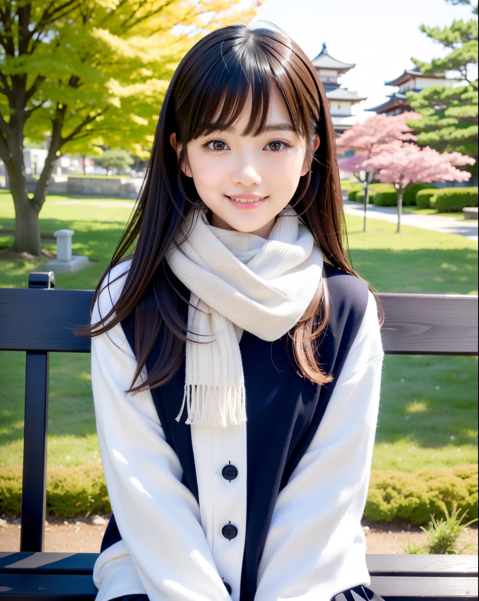 tre anatomically correct,Masterpiece of,High image quality,((Japan hair)),((Natural smile)),The ultra-detailliert、High quality textures、intricate detailes、detaileds、Very detailed CG、High quality shadows、Detail Beautiful delicate face、Detail Beautiful delicate eyes、depth of fields、Ray traching,1girl in, japanaese girl, Cute, slender,An arafi woman wearing a scarf and sitting on a park bench, a japanese girl, Japan Women Fashion Models, Beautiful young Japan woman,  Gorgeous young Japan woman, beautiful japanese female, Japan Girl, real life anime girl, Beautiful Japan Girl, Japanese Models, japanese girl school uniform, the face of a beautiful Japanese girl, Young Asian Girl