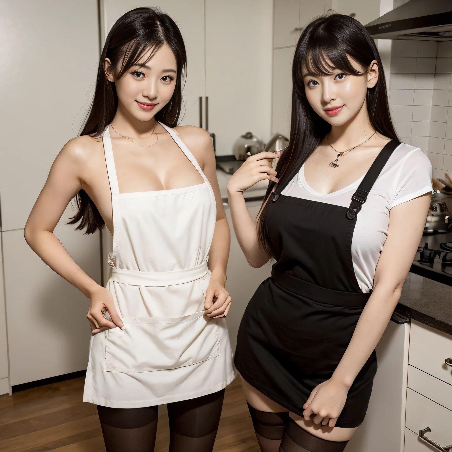 ​masterpiece、1girl、Woman in apron posing in kitchen、flawless anatomy、Beautiful Asian Woman、Symmetrical limve fingers of a person、Realistic kitchen、Apron on sexy skin、Sexy look on camera、big chest、Double eyelids、16K、maximum quality、beautiful korean woman、good hand、 goddess of Japan、Lustrous skin、an ultra realistic、Photo from the knee up, 2 girls, , armpit, blonde, necklace, black stocking, hand stocking, big boobs