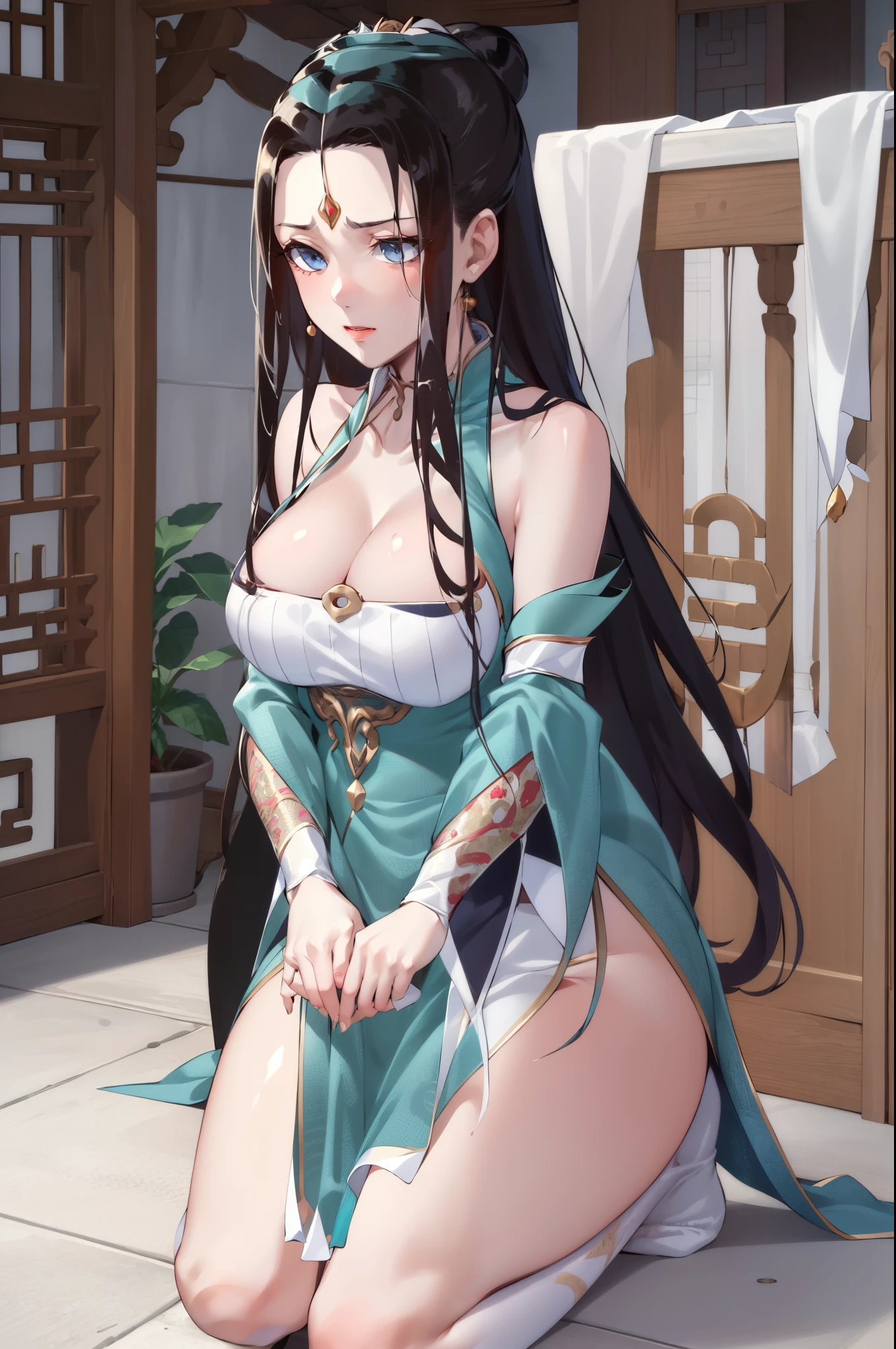 realistic, masterpiece, best quality, 1girl, sign around neck,kneeling, , 1girl, solo, long hair, black hair, dress, bare shoulders, jewelry, earrings, chinese clothes, cleavage, hair ornament, large breasts, blue eyes, detached sleeves, hanfu