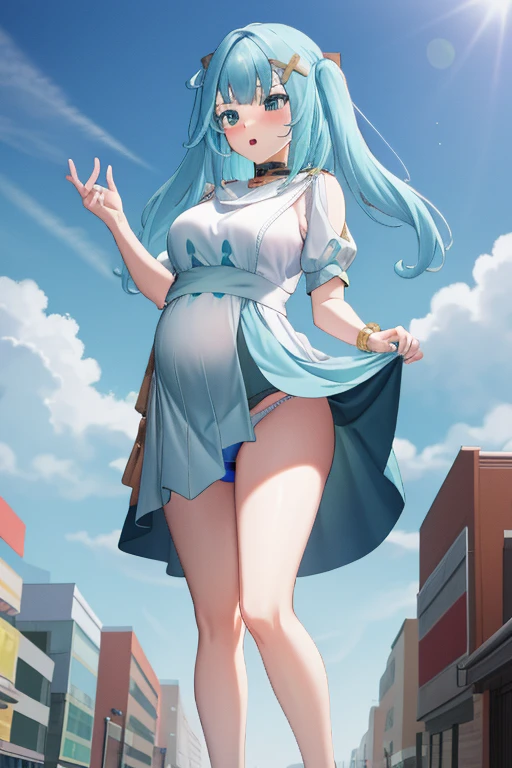 Giant maiden,Moe two-dimensional style,Pregnancy status,Round belly,Gaze at the bustling city, Standing, Burp, Burping, Leaning back, Lifted up dress, Underwear, Panties, Full body