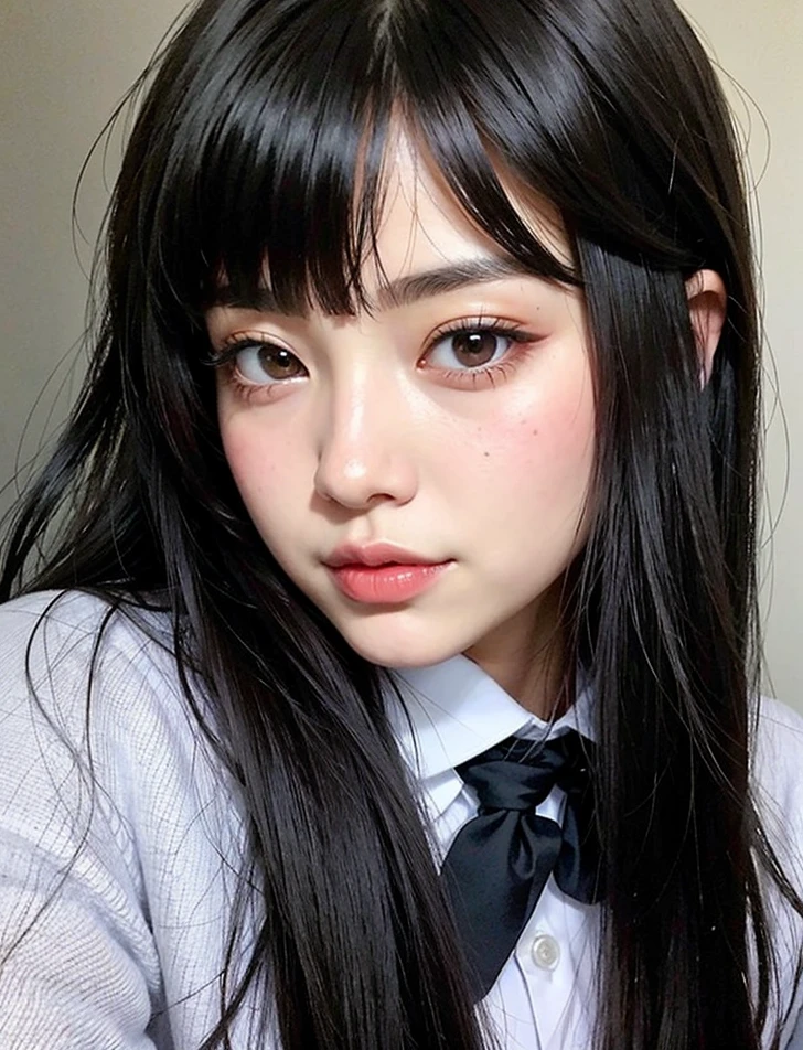 there a woman with long black hair with a tie, Ella tiene el pelo  con flequillo, Cabello  Hime cortado, Sui Ishida con cabello , Retrato realista kawaii, Peinado blanco de corte hime, Chica de anime en la vida real, cabello  y flequillo blanco, Linda cara de anime natural, ulzzang, Shikamimi, El Corte Hime, Hermosa cara de chicas japonesas