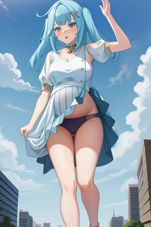 Giant maiden,Moe two-dimensional style,Pregnancy status,Round belly,Gaze at the bustling city, Standing, Burp, Burping, Leaning back, Lifted up dress, Underwear, Panties, Visible belly, Full body