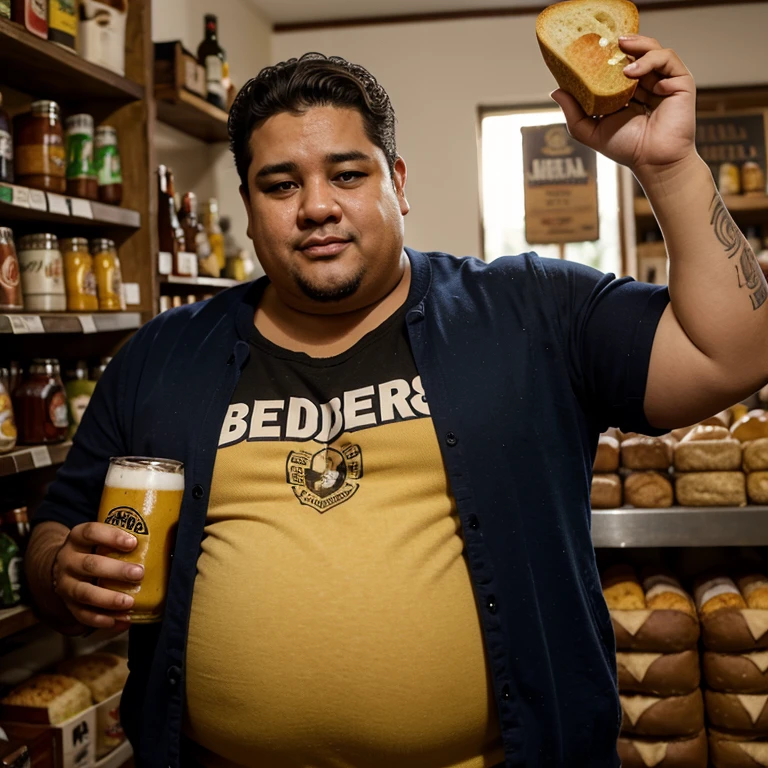 Crie um personagem moreno, meio gordo , with average height , holding bread and beers