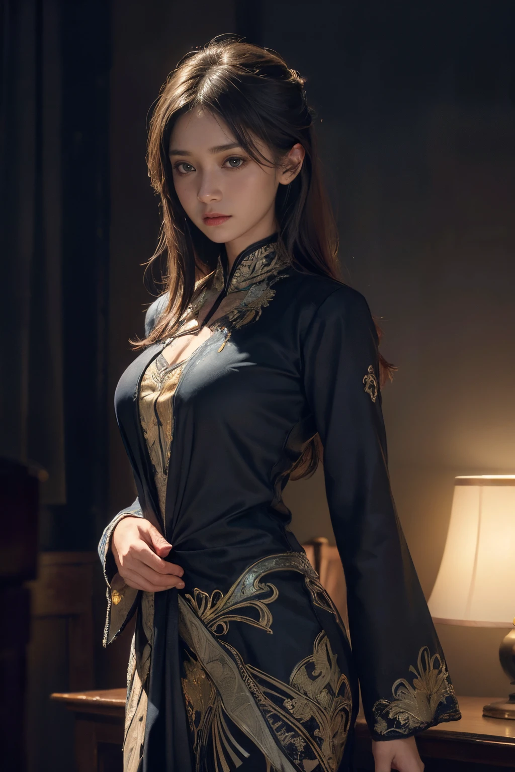 (front focus), (in the dark:1.6), Hyperrealist portrait of female by david hockney and alphonse mucha, fantasy art, photo realistic, dynamic lighting, artstation, poster, volumetric lighting, very detailed faces, 4 k, award winning, 1girl, in the dark, deep shadow, low key, cowboy shot, (official clothing:1.4), ((wearing hijandonesian woman), ((wearing kebaya))