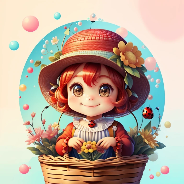 (cute red ladybug smiling with a flower hat in a beautiful basket, bubbles), Munchkin ,Geometric multidimensional wall portrait, livro de arte, Tchibi,
Yang08k, Beautiful, Colouring,
Obras, of the highest quality, best quality, Arte Oficial, Beautiful and Aesthetic,