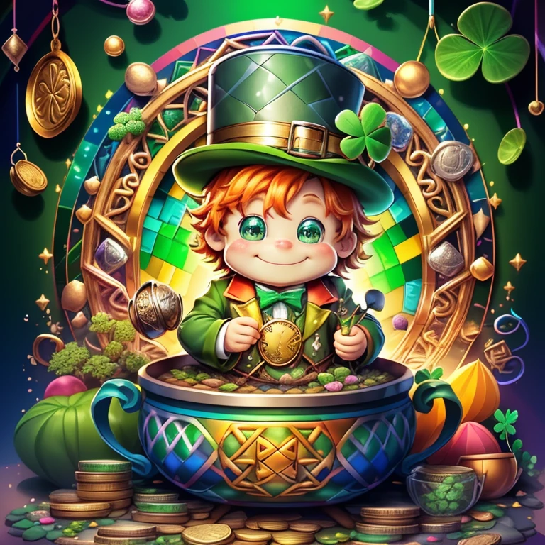 (cute leprechaun smiling with rainbow and cauldron full with clovers and coins), Munchkin ,Geometric multidimensional wall portrait, livro de arte, Tchibi,
Yang08k, Beautiful, Colouring,
Obras, of the highest quality, best quality, Arte Oficial, Beautiful and Aesthetic,