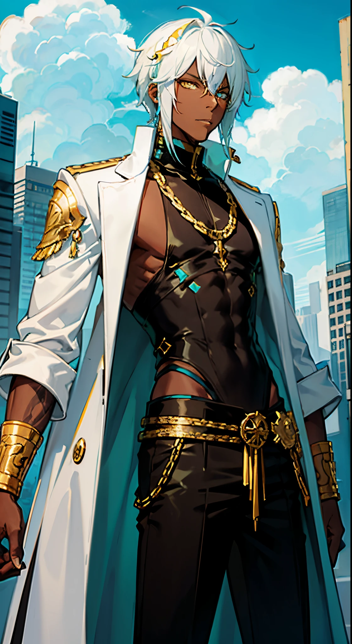 Tall guy, short white hair, Yellow eyes, Mask on the eyes, turquoise body armor, Sleeveless, Gold Chains, tattoos on arms, Black pants, ciberpunk, hiquality, dark skin
