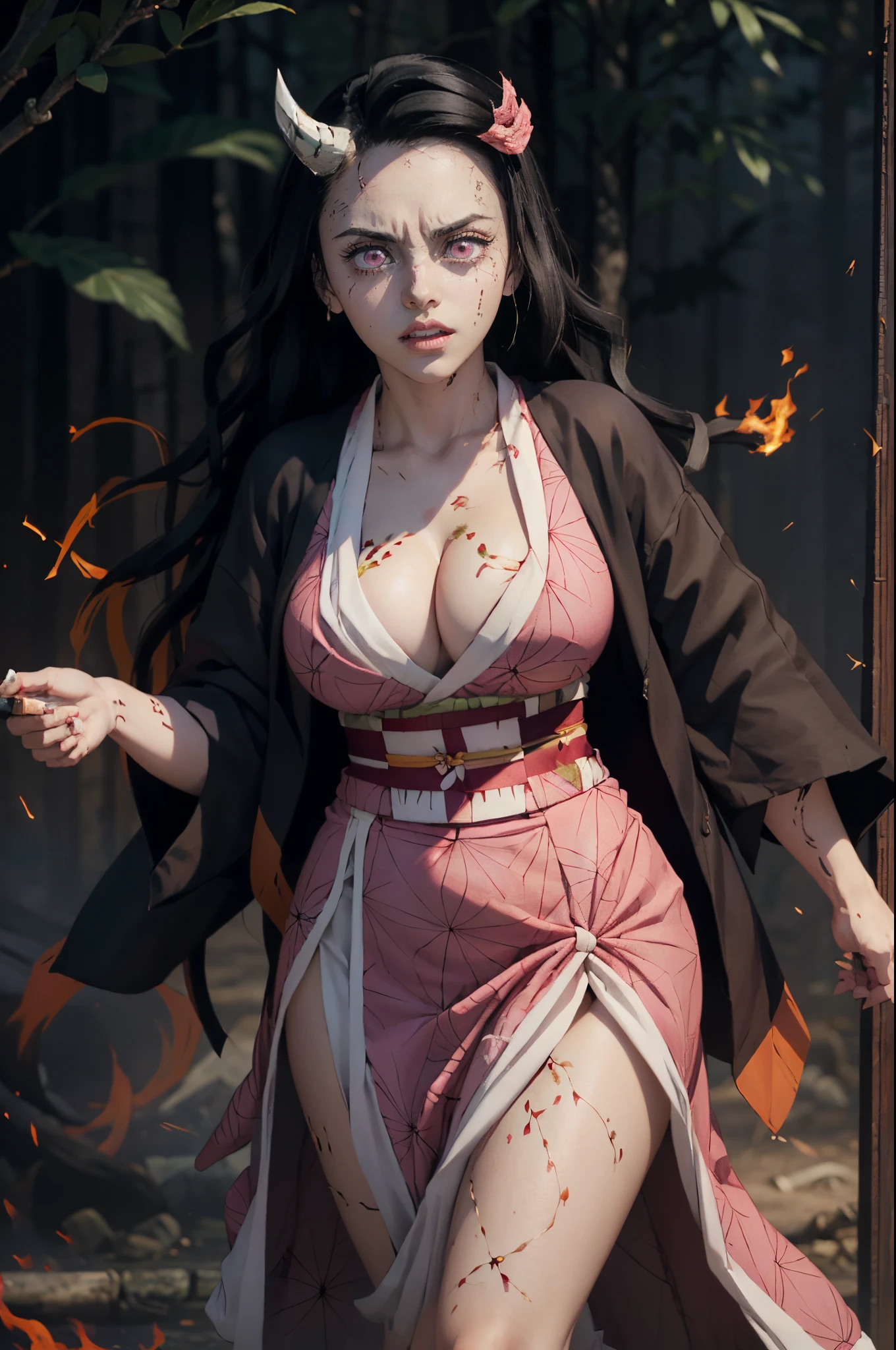 (ultra realistic photo of Nezuko kamado goddess of beauty, bright pink eyes, angry angry expression, she has a horn, 8k, UHD, hottie with ultra giant breasts, huge long breasts sticking out of her kimono, erotic, with long black hair and orange tips, sexy pink japanese kimono ), Nezuko with a piece of bamboo stuck up her ass, (Nezuko, Nezuko-chan, Demon Slayer art style, kimetsu on yaiba), Hentai female anime character, (Nezuko, in her demon form, Huge breasts, giant long breasts sticking out of her clothes, her breasts stick out of her kimono, showing beautiful pointy breasts), ( she has leaf tattoos running down her sexy erotic body), Demon Slayer fanart, wielding kunai, clean and detailed anime art, a very beautiful woman, by Kamagurka, professional art, perfect detailed, (Nezuko kamado in her demonic form, based on the demon slayer kimetsu no yaiba), cleavage、((Flames flutter、be covered in sparks、fire burns))