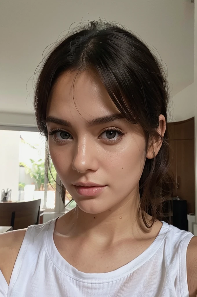 closeup selfie of an instagram model, wearing white casual outfit, long face, hazel eyes, posing at her home, black hair, realistic photography
