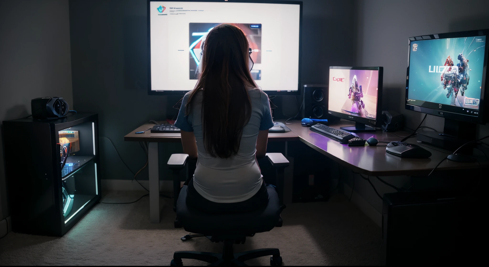 ((melhor qualidade)), Mulher sentada jogando computador em um quarto gamer com luzes RGB, view of the back
