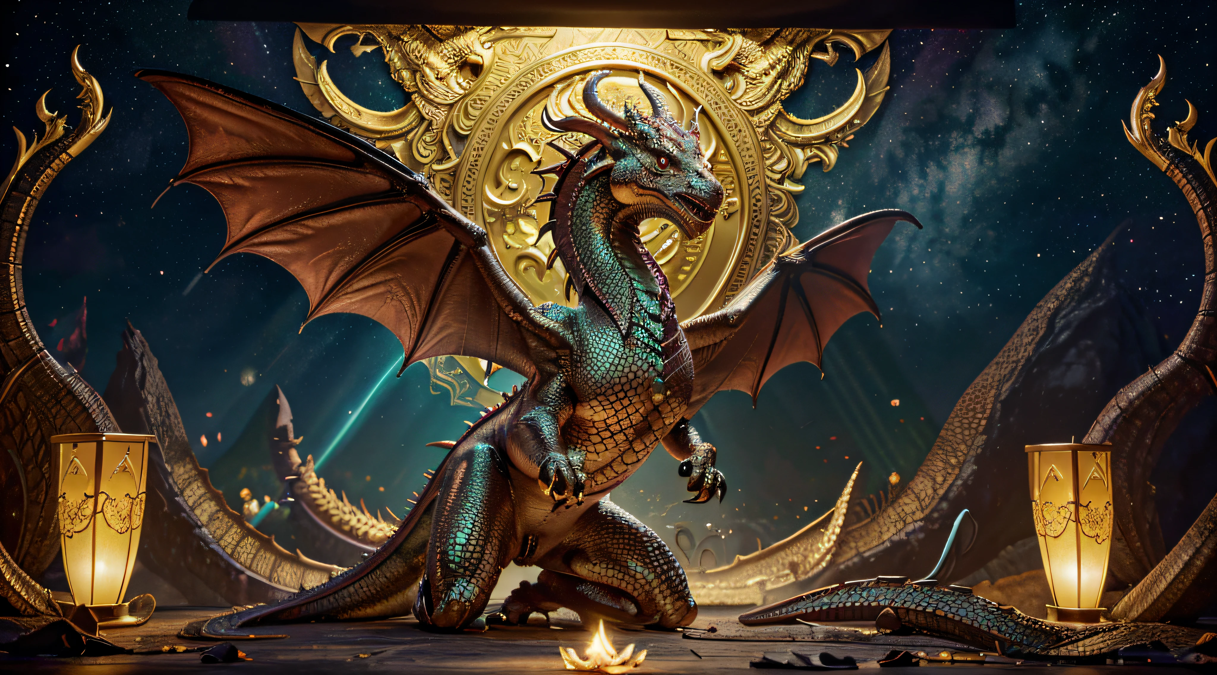 (Best Quality, hight resolution, Realistic:1.37), bright colours, stunning dragon portrait, A dragon with kind eyes, Intricate Dragon Scales, mesmerizing dragon wings, realistic dragon features, detailed dragon face, dragon, Breathe Fire, A dragon flies through the sky, dragon, representing 2024., dragon, surrounded by auspicious symbols, dragon with a gentle smile, dragon, decorated with bright flowers, dragon with majestic horns, dragon with shimmering scales, Dragon as a symbol of joy and happiness, Dragon with a wise expression, dragon in a serene setting with cherry blossoms, dragon with graceful posture, dragon'the body shines with a golden glow, Dragon of Prosperity and Luck, dragon in a quiet garden, dragon hugs lotus flower, dragon with a magical aura, mystical dragon dance among the stars, dragon with a peaceful presence, the dragon spreads its wings in a triumphant pose.