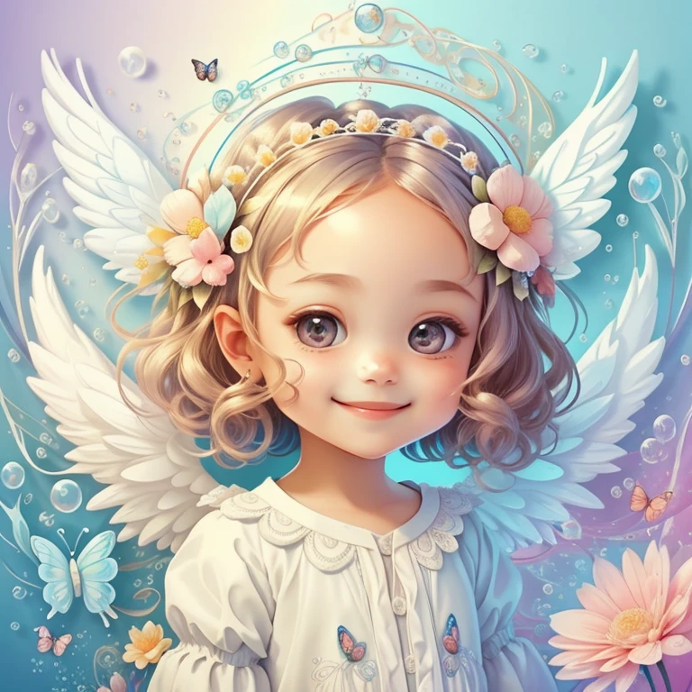(cute angel smiling with flowers and butterflies, bubbles), Munchkin ,Geometric multidimensional wall portrait, livro de arte, Tchibi,
Yang08k, Beautiful, Colouring,
Obras, of the highest quality, best quality, Arte Oficial, Beautiful and Aesthetic,