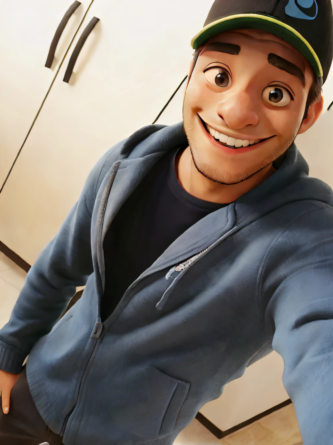 smiling man with black hat and blue jacket standing in a kitchen, ele sorriu, leve sorriso bonito, com um lindo sorriso, feliz e sorridente, happily smiling at the camera, lovely smile, sorriso orgulhoso, sorridente, sorrindo timidamente, sorrindo sedutoramente, muito ligeiramente sorridente, sorriso curto, sorriso bonito, sorriso doce, sorrindo direito, bonito e sorridente