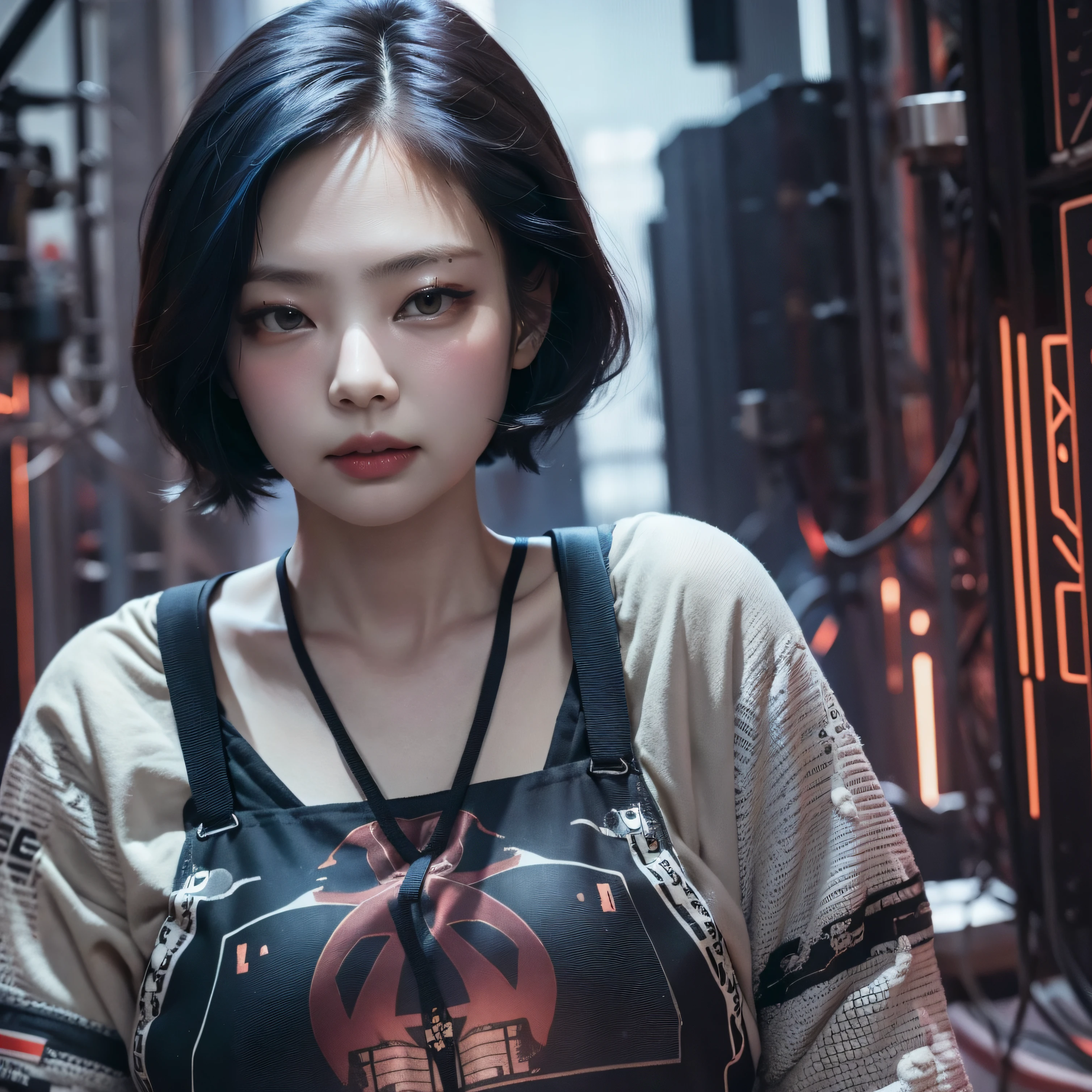 bright eyes,  super detailed, black short hair, blood and wounds, stab wounds on body, dirty clothes, Jennie Kim, 30 yrs old girl, cyberpunk suit, blue hair,