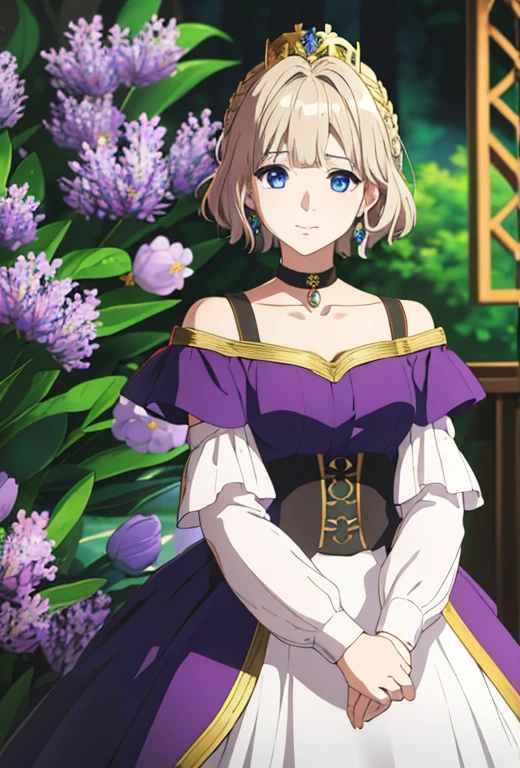 Masterpiece , solo , 1female , young , short blonde hair with brown roots showing , blue eyes , pale skin , black and purple princess dress with gold accents , off the shoulder sleeves , long sleeves , silver crown , forest background , soft smile expression , silver choker around neck , surrounded by lavender flowers