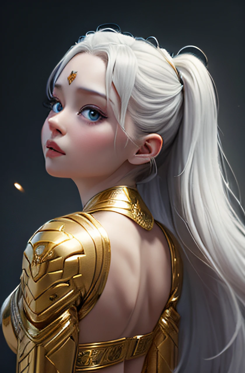 Goddess of Youth, very beatiful girl, Long hair, Silver hair, light from behind, in a white and gold dress, Fantasy, Portrait, sharp-focus, Intricate, elegant, Digital Painting, Artstation, Matte, Highly detailed, Concept art, illustartion, diffused lighting, art by Iliya Kuvshinov, artgerm, with cosmic sunlight behind the Goddess in the style of Greg Rutkowski and Alfonco Mucha,trending on art station, Octane Render, 4k. seen from behind