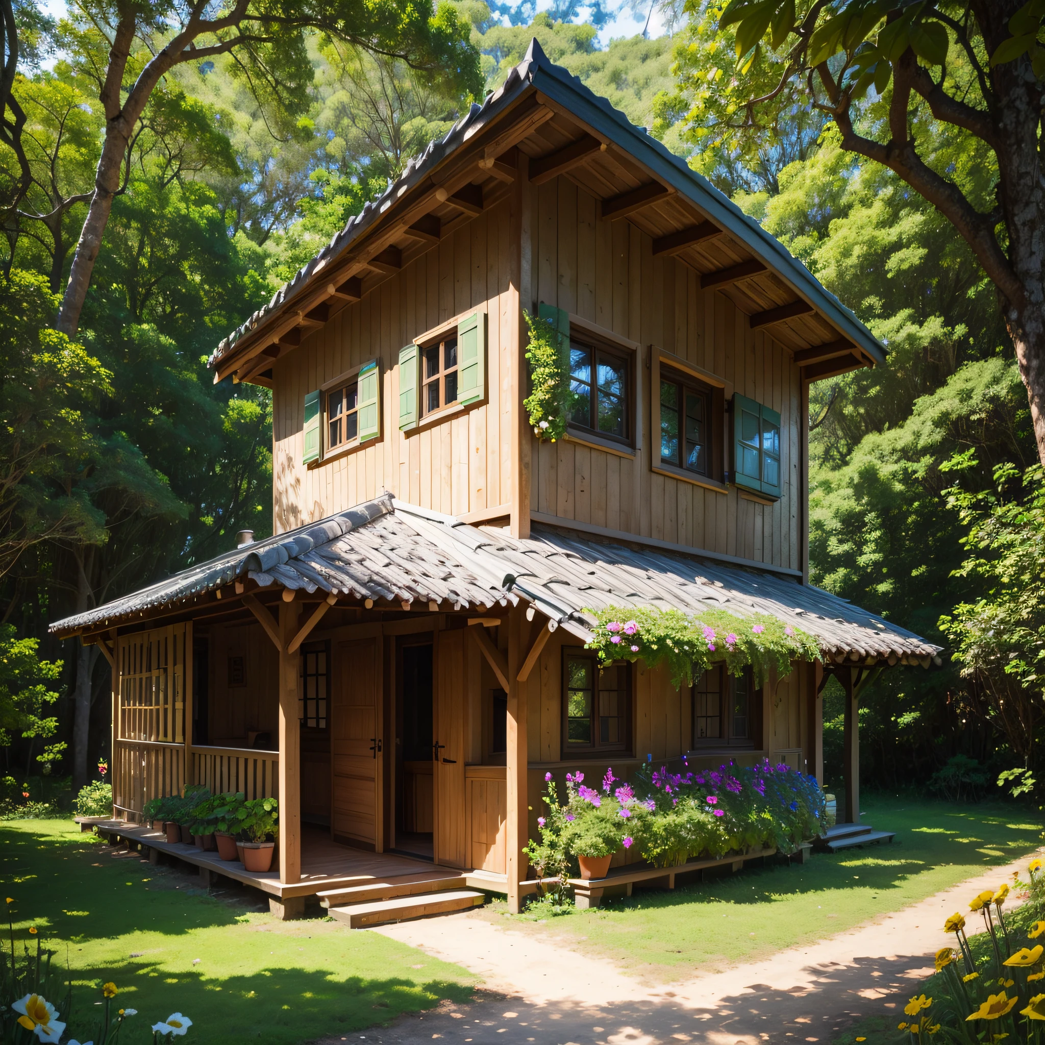 There is a small hut in the middle of a field of flowers, Cottagecore!!, Cabine de madeira, cabinee velha, Cottagecore, Casa de campo na floresta, Cabana na Mata, solitary cottage in the woods, cabine, casinha, uma cabana de tijolos na floresta, Casa de campo na floresta, Cottagecore hippie, casa de campo de madeira