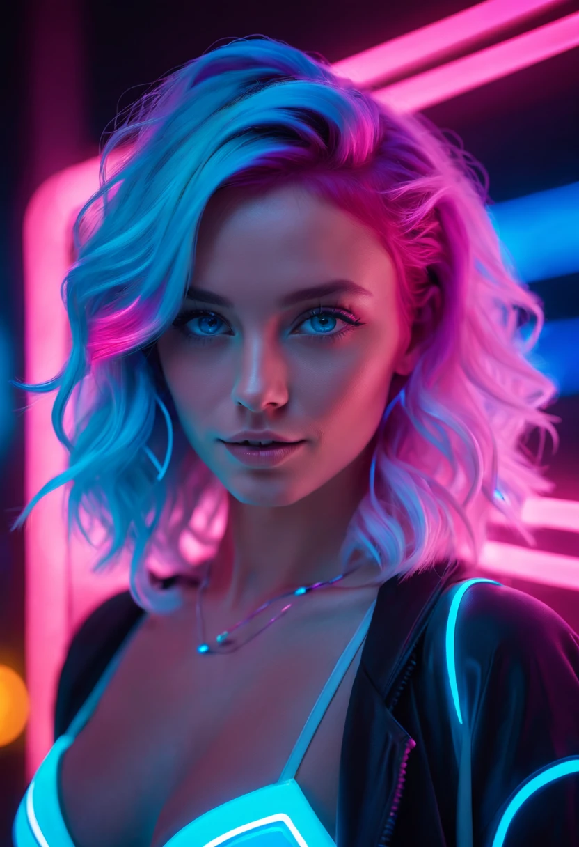 arafed woman with a pink hair and blue eyes posing for a picture, glowwave girl portrait, glowing with colored light, with neon lights, neon lights in the background, neon lights in background, neon light and fantasy, colorful glow, ultraviolet and neon colors, colorized neon lights, glowing neon, connected with glowing tubes 8 k, vibrant lights