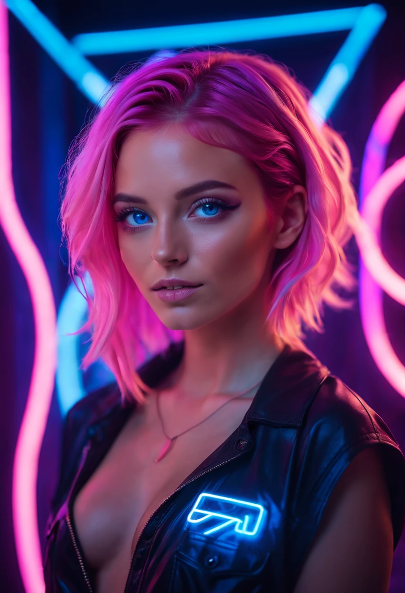 arafed woman with a pink hair and blue eyes posing for a picture, glowwave girl portrait, glowing with colored light, with neon lights, neon lights in the background, neon lights in background, neon light and fantasy, colorful glow, ultraviolet and neon colors, colorized neon lights, glowing neon, connected with glowing tubes 8 k, vibrant lights