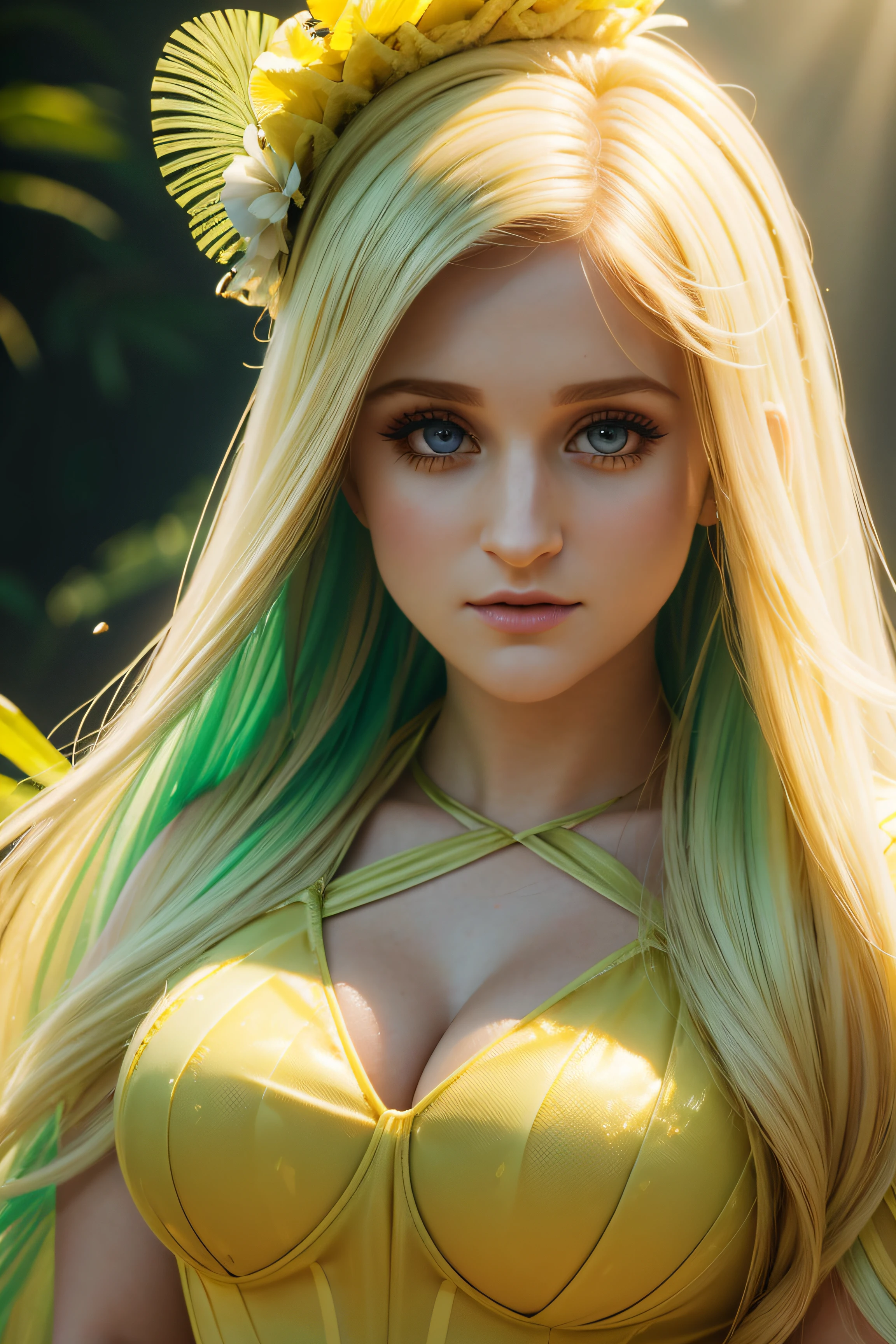 Meghan Trainor, wearing pineapple costume sexy clothes transparent. professionally retouched, soft lighting, realistic, smooth face, perfect eyes, sharp focus on eyes, 8 k, high definition, insanely detailed, intricate, elegant. in a natural background.