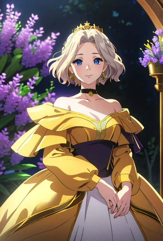 Masterpiece , solo , 1female , young , princess , short blonde hair with brown roots showing , blue eyes , pale skin , black and dark purple ball gown with gold accents , off the shoulder sleeves , long sleeves , silver crown , forest background , soft smile expression , choker around neck , surrounded by lavender flowers