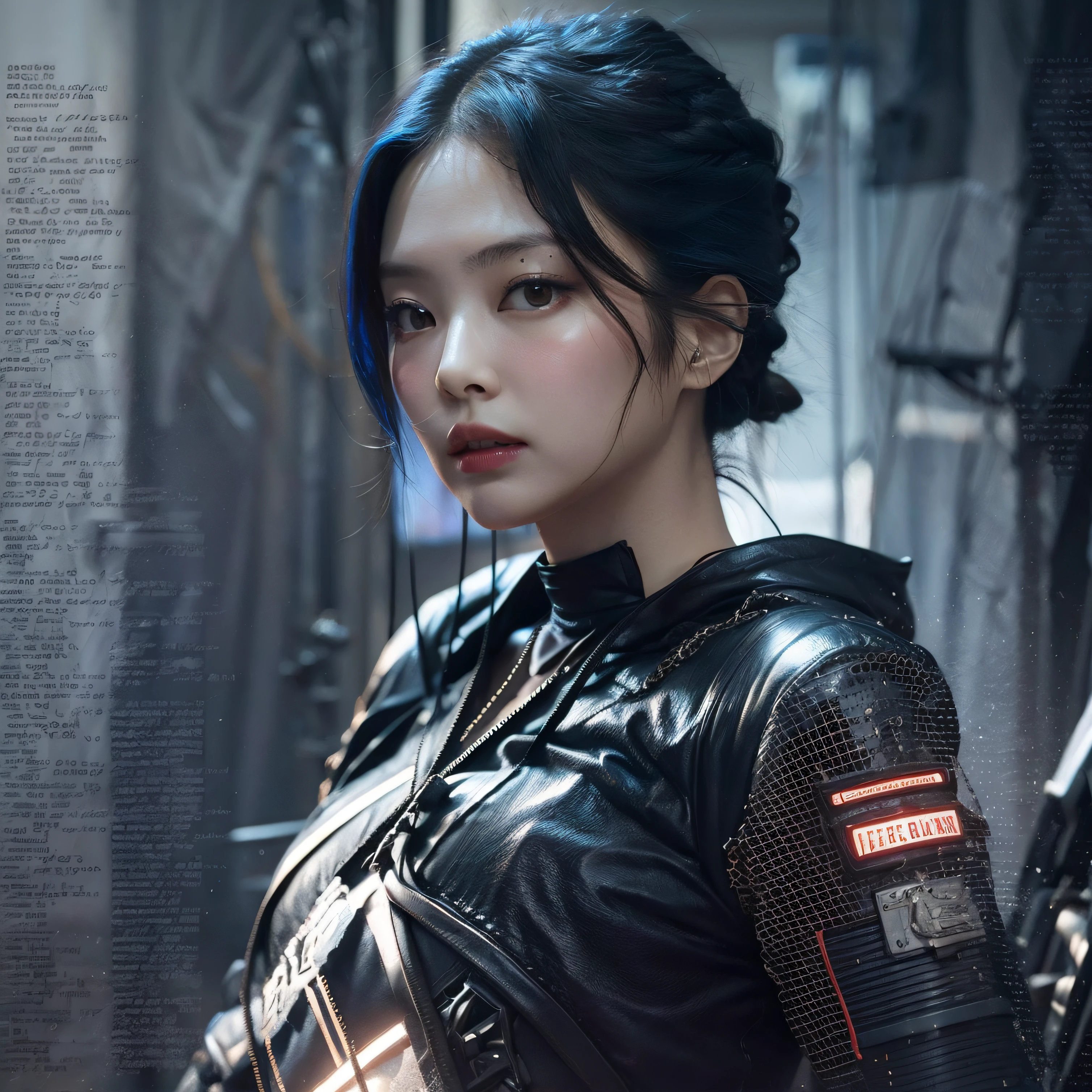 bright eyes, super detailed, black short hair, blood and wounds, stab wounds on body, dirty clothes, Jennie Kim, 30 yrs old girl, cyberpunk suit, blue hair, side view post,