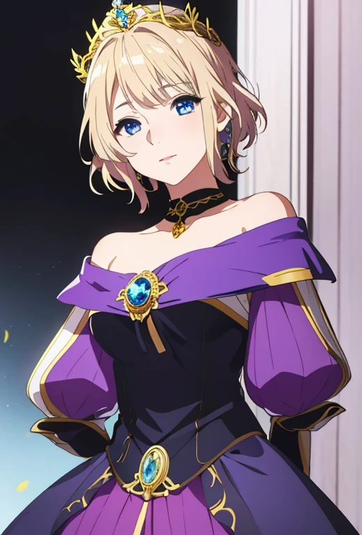 Masterpiece , solo , 1female , young , princess , short blonde hair with brown roots showing , blue eyes , pale skin , black and dark purple princess gown with gold accents , off the shoulder sleeves , long sleeves , silver crown , simple castle background , soft smile expression , choker around neck , surrounded by lavender flowers