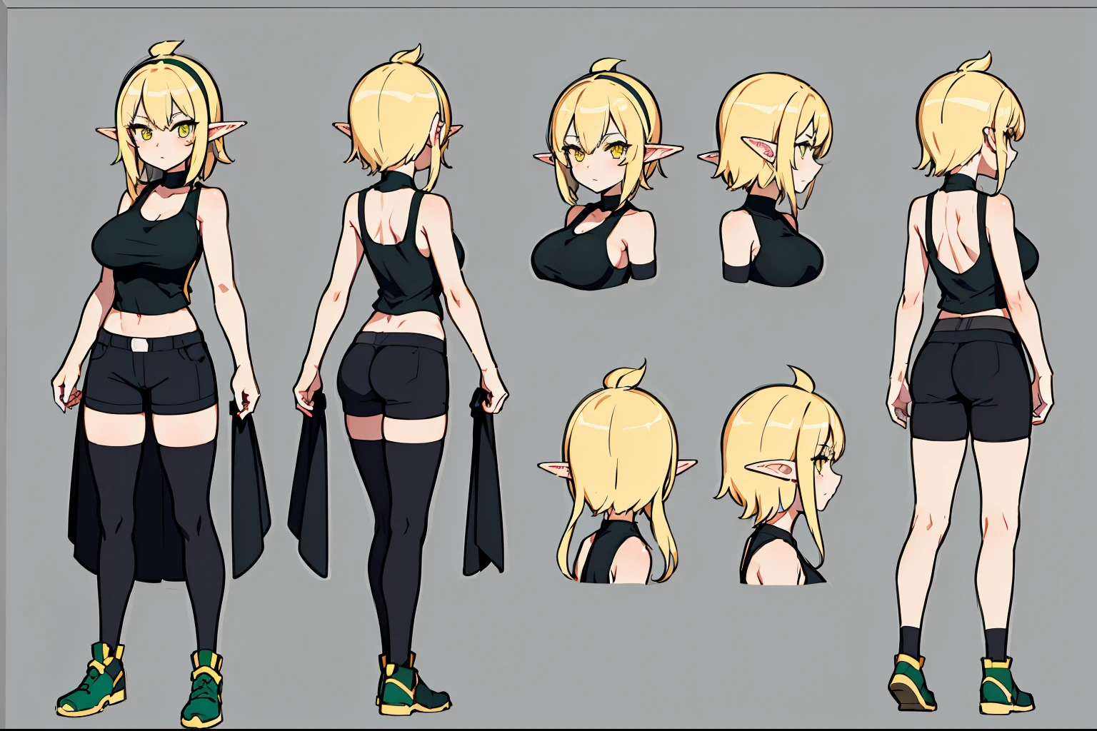 **Create a full body character design sheet for a female character, elf, mid 20's, large breasts, no outline, expressive Disney styled, she  wearing black spandex shorts and a dark green tank top, medium blonde hair, yellow eyes, View (Frontal, Three Quarters, back, back three quarters), Character Sheet, Reference Sheet, no Background, vectorial**