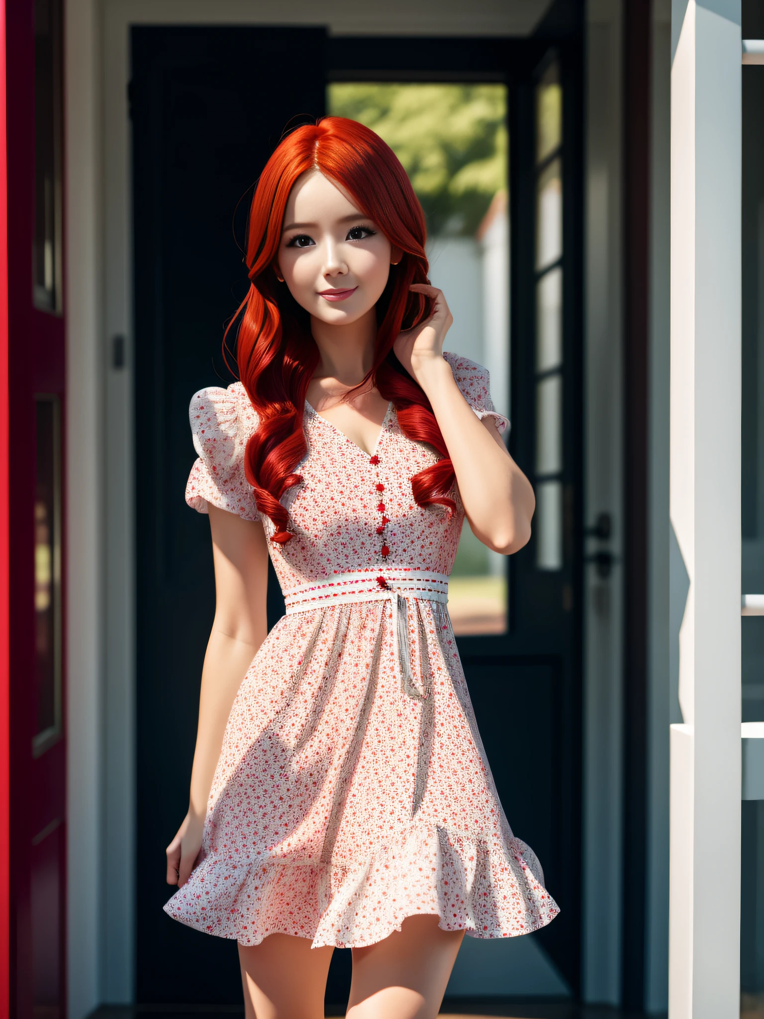 com vestido florido, pele branca e cabelo ruivo