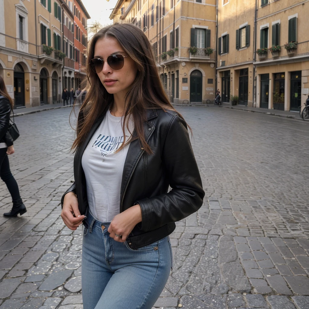 (aesthetic) Italian woman with beautiful long hair, (realistic) walking in the square of Rome. The cityscape in the background captures the essence of winter, with warm and rich colors. The woman is friendly, she wear jeans, with t-shirt, leather black jacket, sun glasses, exuding rock sow. The image is of the (best quality,4k,8k,highres,masterpiece:1.2),ultra-detailed nature, with every strand of her hair and the surrounding environment meticulously rendered. The lighting is natural