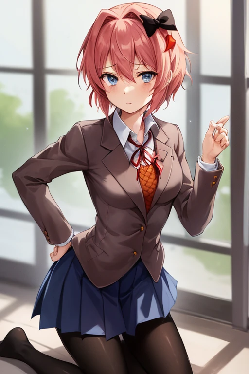 2d, masterpiece, best quality, anime, highly detailed, cowboy shot, 1girl, solo, sayori, blue eyes, pink hair, short hair, hair bow, red bow, school uniform, blazer, brown sweater, collared shirt, neck ribbon, blue skirt, standing, clenched hands, mad face, classroom, ((rise up skirt)), ((kneeling)), ((black pantyhose)),