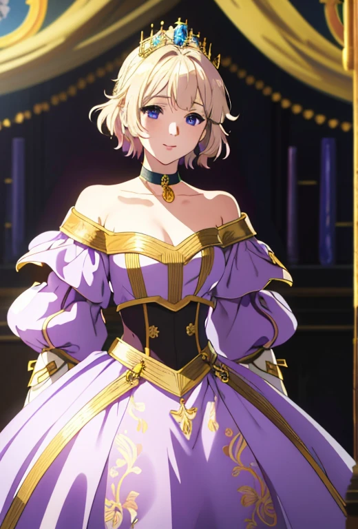 Masterpiece , solo , 1female , young  , princess , short blonde hair with brown roots showing , blue eyes , pale skin , black and dark purple princess gown with gold accents , off the shoulder sleeves , long sleeves , silver crown ,   castle background , soft smile expression , choker around neck , surrounded by lavender flowers