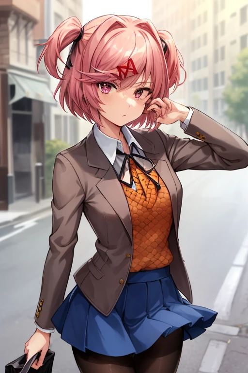 2d, masterpiece, best quality, anime, highly detailed, cowboy shot, 1girl, solo, natsuki, pink eyes, two side up, hair ornament, short hair, blazer, brown sweater, collared shirt, neck ribbon, blue skirt,   looking at viewer, street city background. ((black pantyhose))