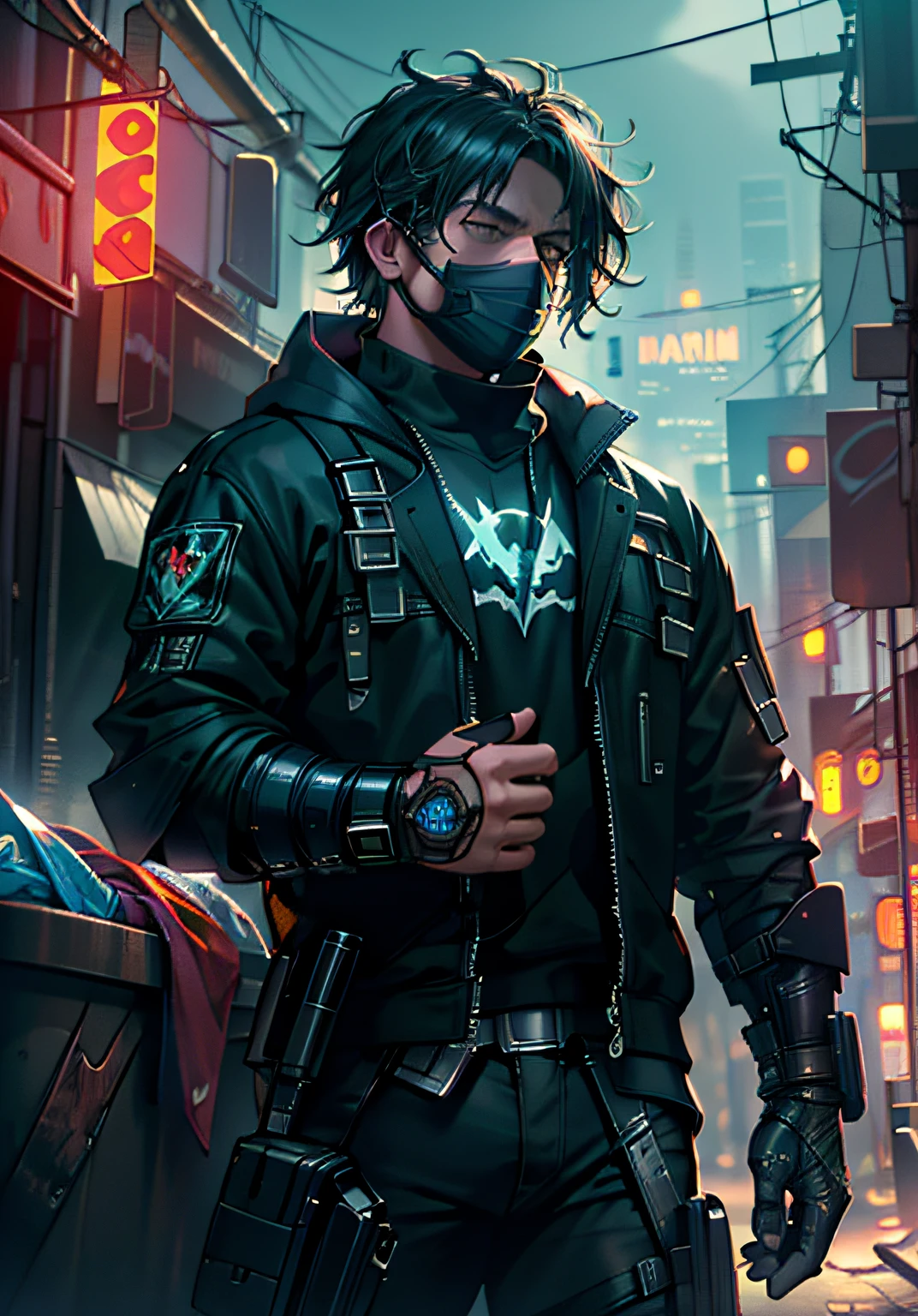 Ultra detail, high resolution, ultra detailed, best quality, amazing, top quality, extremely detailed CG 8k wallpaper unit, cinematic lighting, cyberpunk, dark batman robin, trash gang face mask