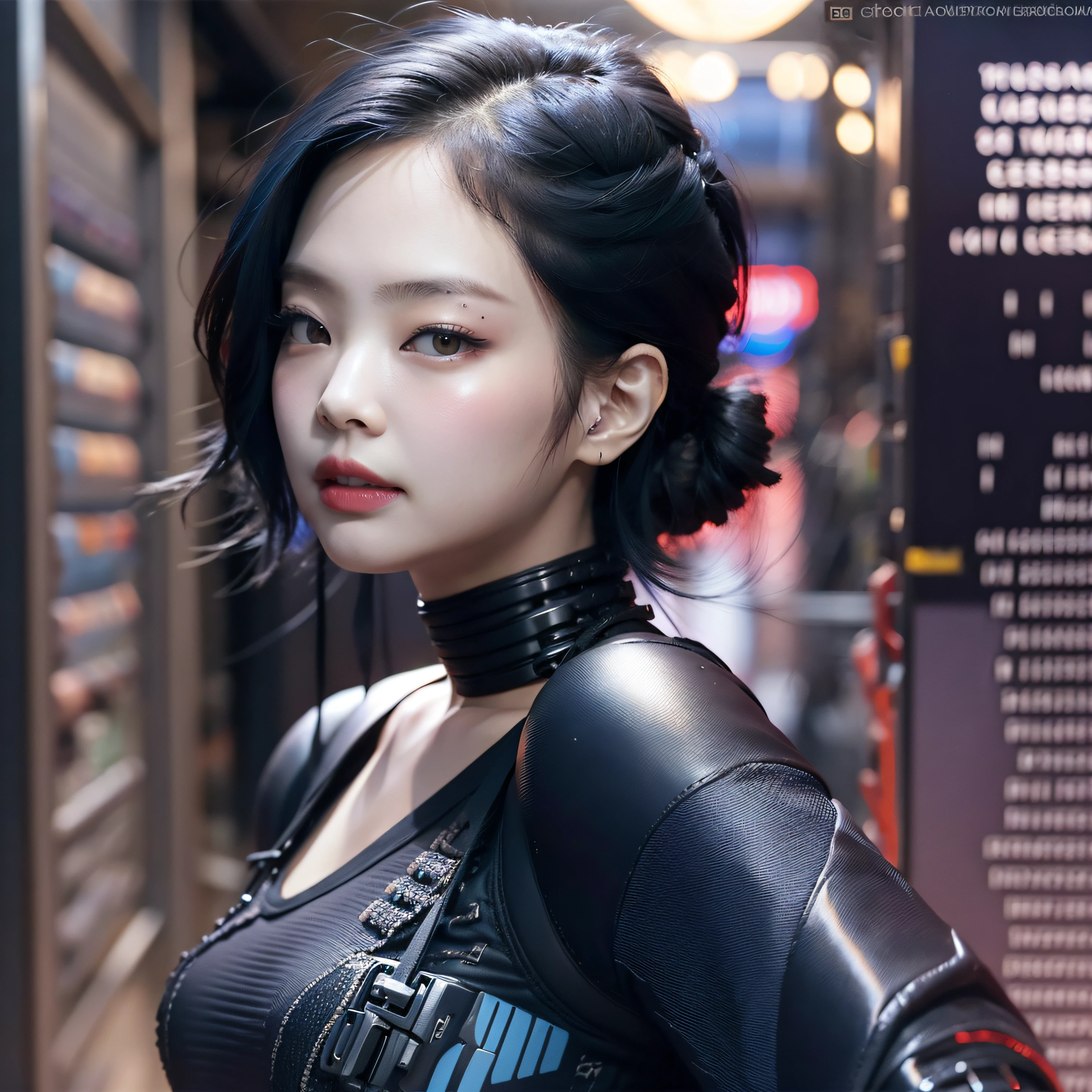 bright eyes, super detailed, black short hair, blood and wounds, stab wounds on body, dirty clothes, Jennie Kim, 30 yrs old girl, cyberpunk suit, blue hair, side view post,