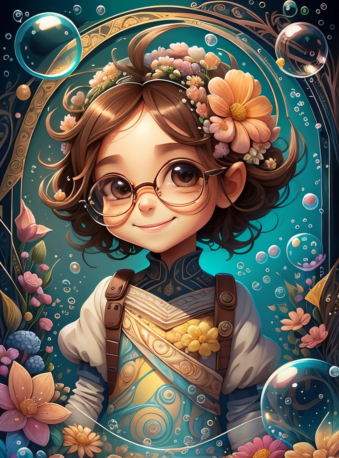 (cute brown ant smiling with flowers, bubbles), Munchkin  ,Geometric multidimensional wall portrait, livro de arte, Tchibi,
Yang08k, Beautiful, Colouring,
Obras, of the highest quality, best quality, Arte Oficial, Beautiful and Aesthetic,