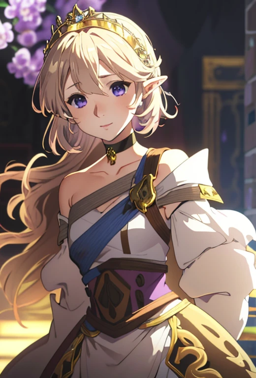 Masterpiece , solo , 1female , young , princess , short blonde hair with brown ombré hair , short pointy ears , blue eyes , pale skin , black and dark purple princess gown with gold accents , off the shoulder sleeves , long sleeves , silver crown , castle background , soft smile expression , choker around neck , surrounded by lavender flowers