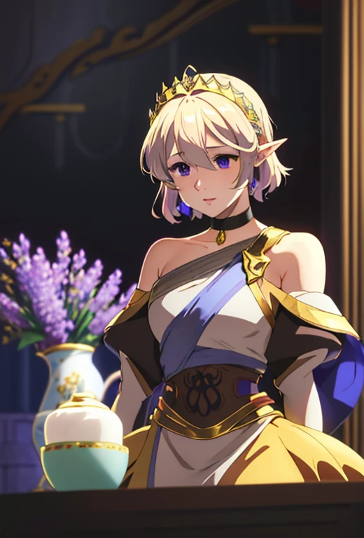 Masterpiece , solo , 1female , young , princess , short blonde hair with brown ombré hair , short pointy ears , blue eyes , pale skin , black and dark purple princess gown with gold accents , off the shoulder sleeves , long sleeves , silver crown , castle background , soft smile expression , choker around neck , surrounded by lavender flowers