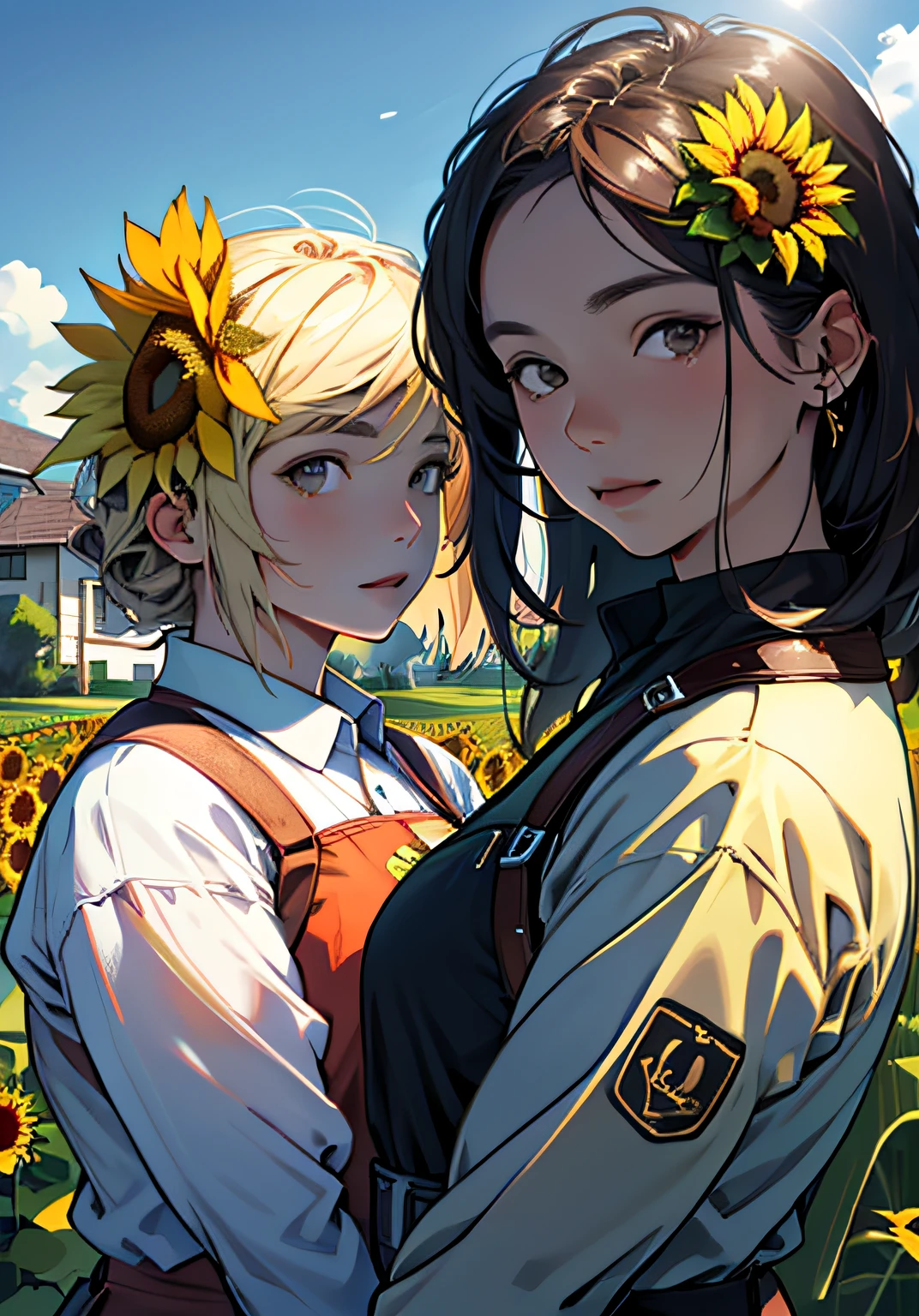 realistic portrait of two sunflowers side by side in the center of a huge lawn with barias flores in the background on a mid-sunny day