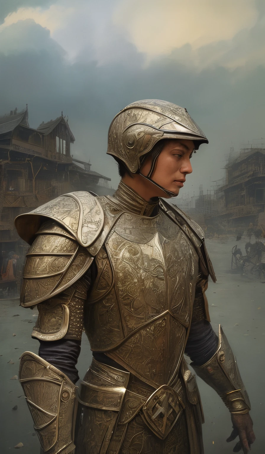 a Moebius and Beksinski inspired detailed painting portrait of a vibrant knight in liquid and aurora fusion armor inspired detailed sculpting. alien inspired. inspirado em dieselpunk. inspired by brain scanning. Science fiction poster. Parte superior do corpo. science fiction film scene. Anatomia precisa. simetria. portrait and science fiction theme with lightning, aurora illumination. Nuvens e estrelas. smoke billowing. Futurismo. fantasia. por Beksinski Carl Spitzweg. Elementos barrocos. elemento barroco. Arte intrincada de Caravaggio. oil painting. oil on the canvas. Premiado. Dramatic. trending on ArtStation. 8 mil